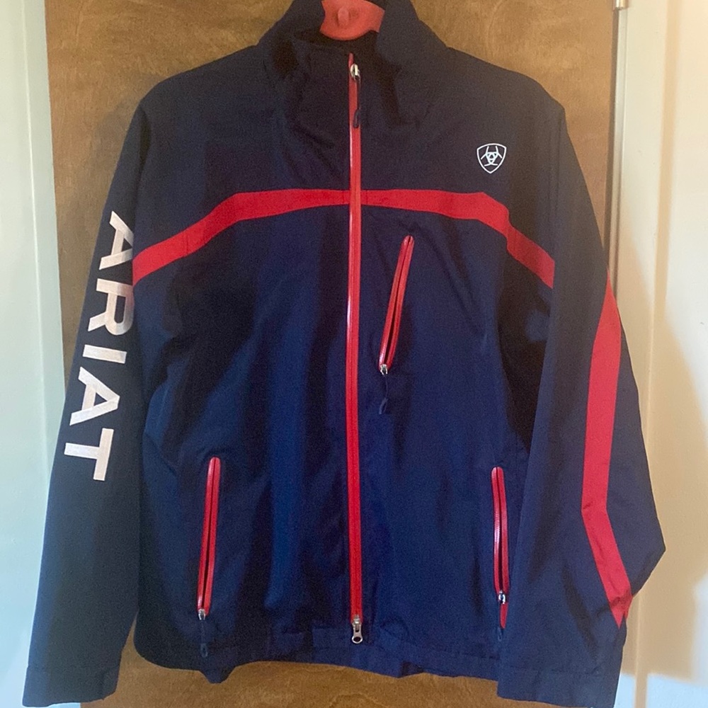 Ariat woman blue with red stripes soft shell jacket size large